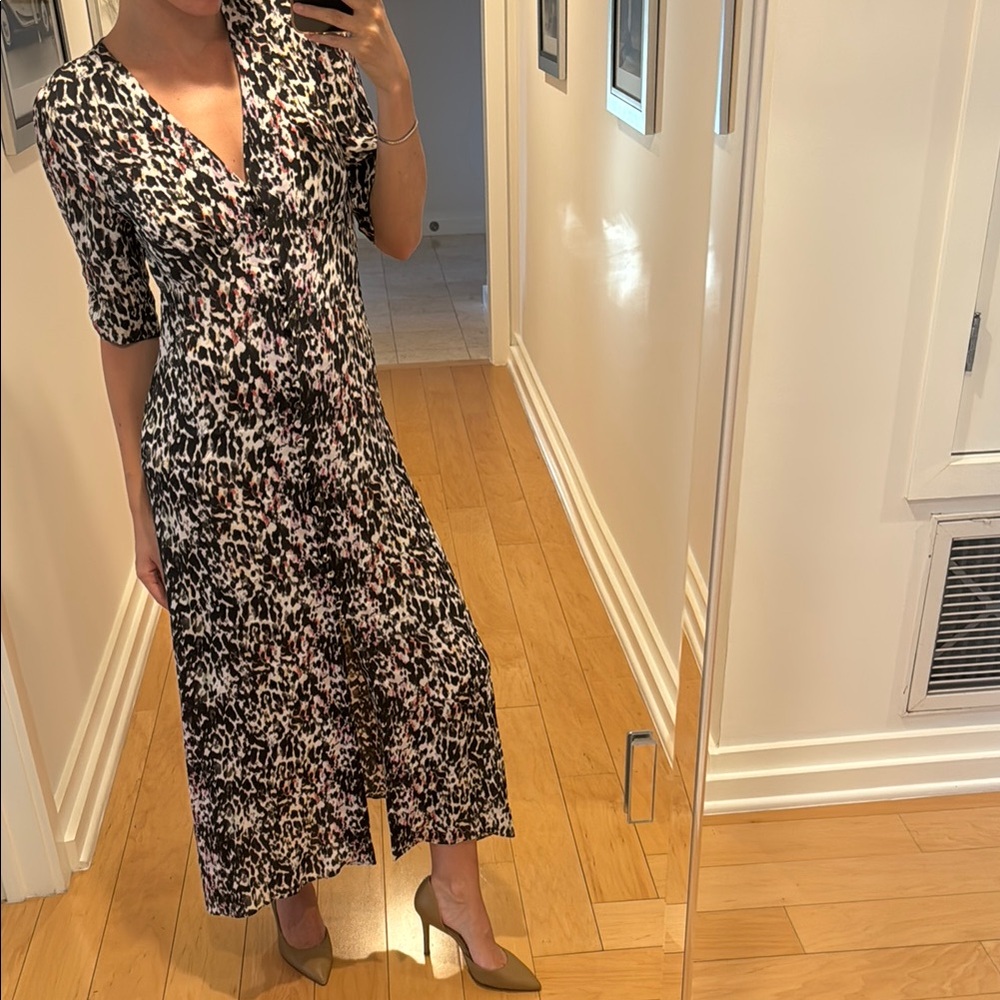 All Saints Black and White Flutter Sleeve Midi Dress